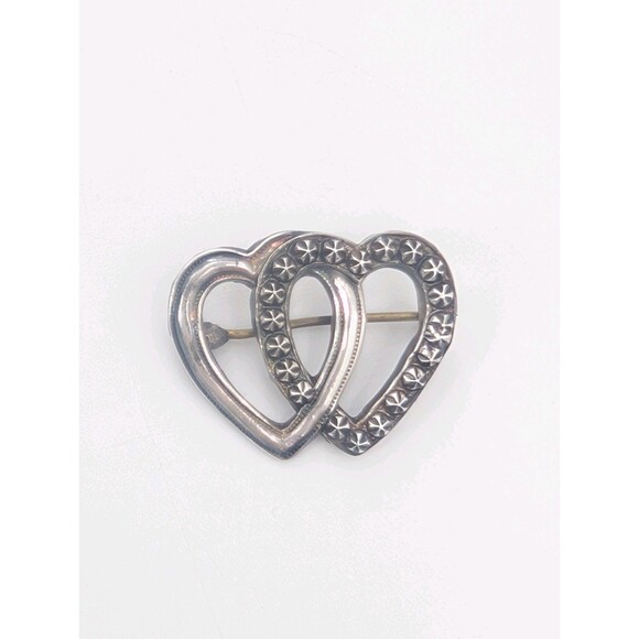 Victorian Antique Sweetheart Double Heart Sterling Silver Textured Brooch Pin - Picture 8 of 8